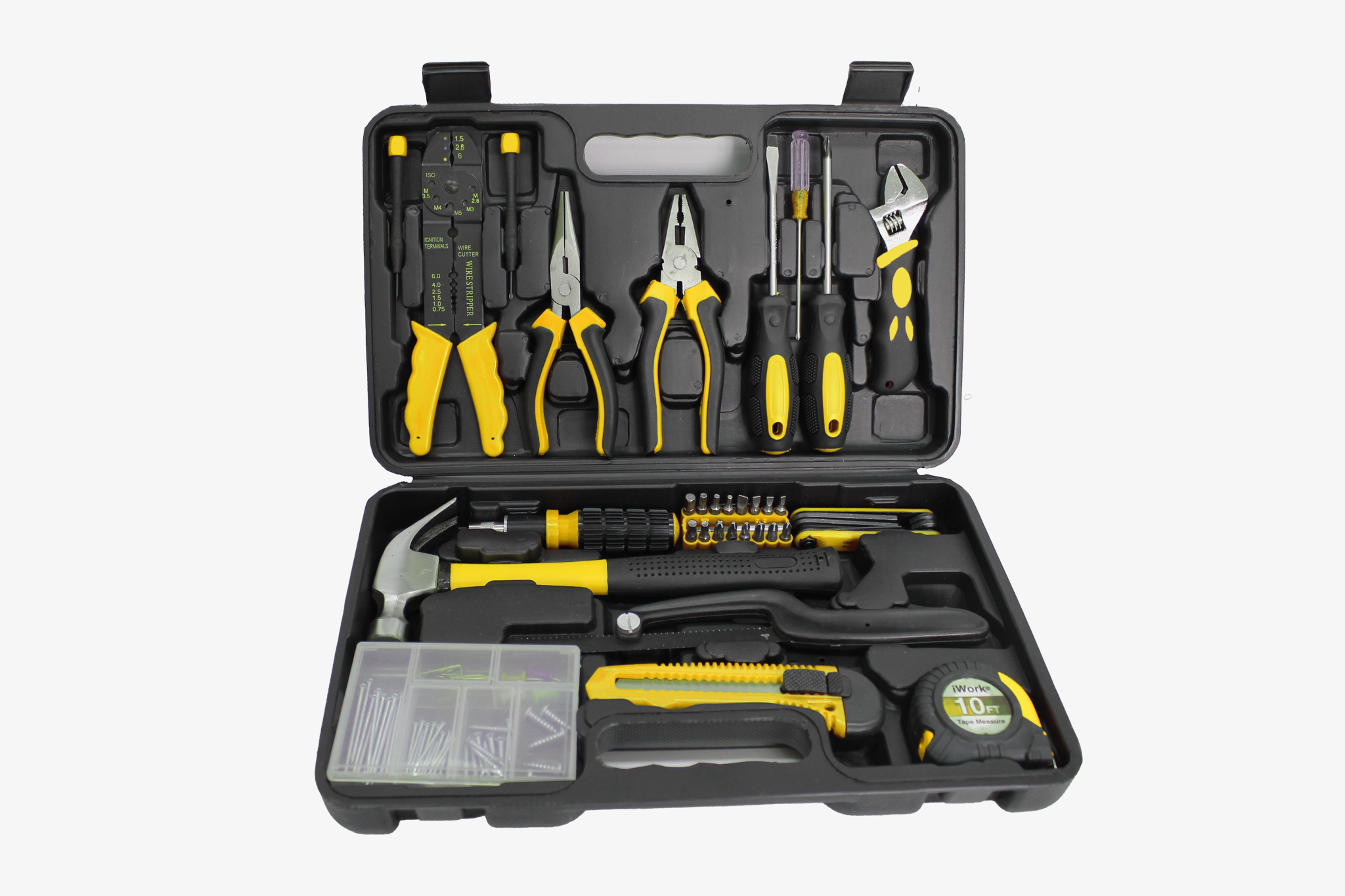 62-Piece Professional Tool Kit, Comprehensive Set with Claw Hammer, Adjustable Wrench, Pliers, Screwdrivers, Hex Keys, Tape Measure, and More - Ideal for Home, Auto, and DIY Projects